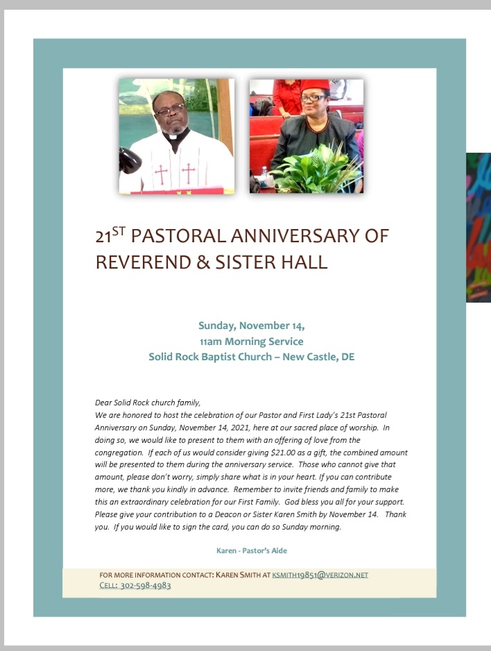 21st Pastoral Anniversary Join Us Solid Rock Baptist Church